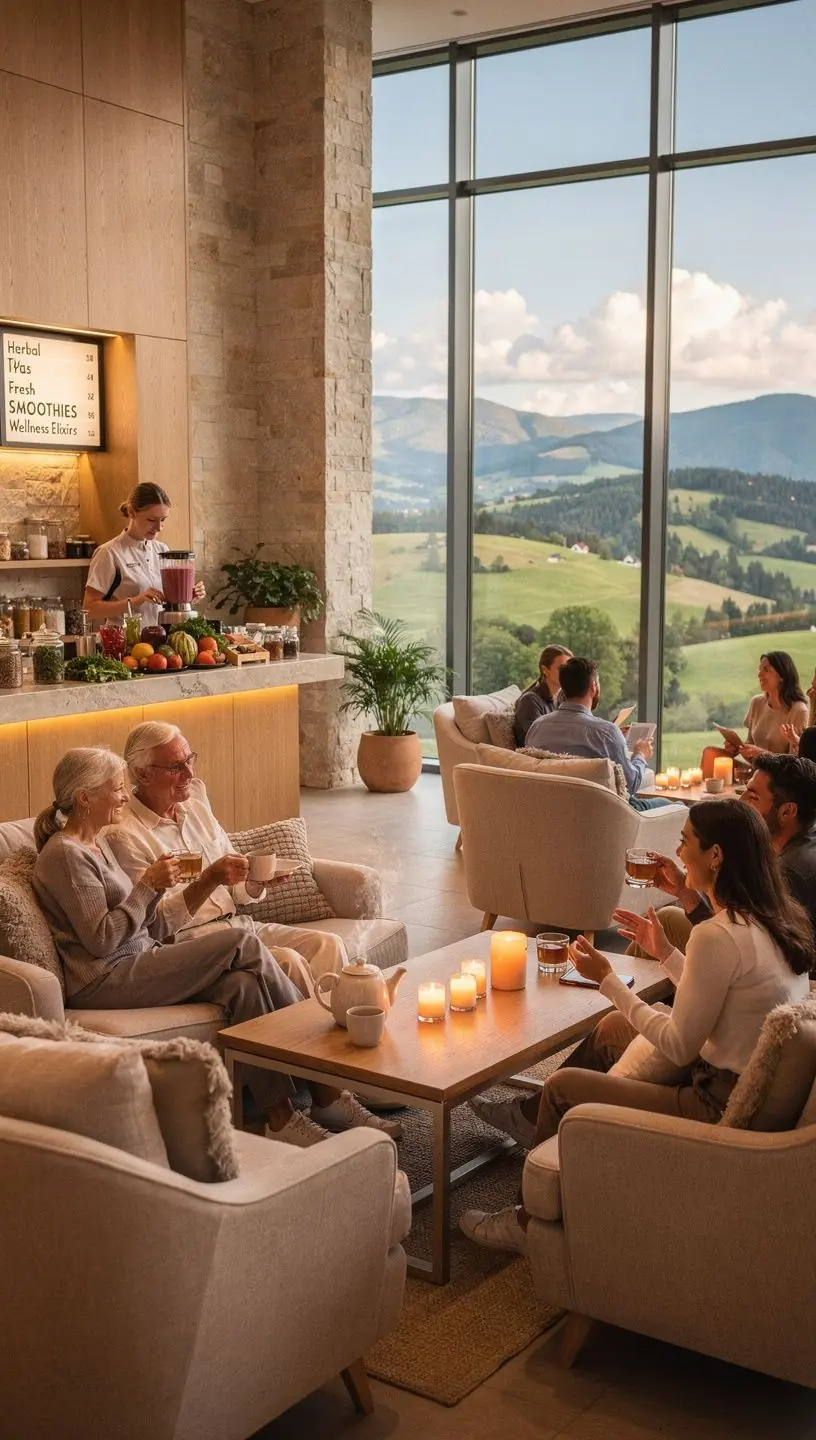 A picturesque view of a health resort nestled in the mountains, showcasing its natural beauty.