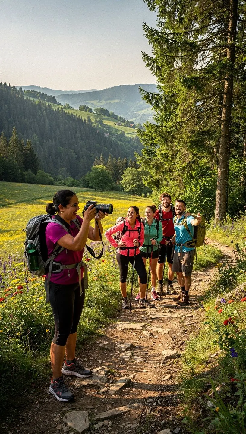 A group participating in a yoga class on a sunlit terrace with stunning landscape views.